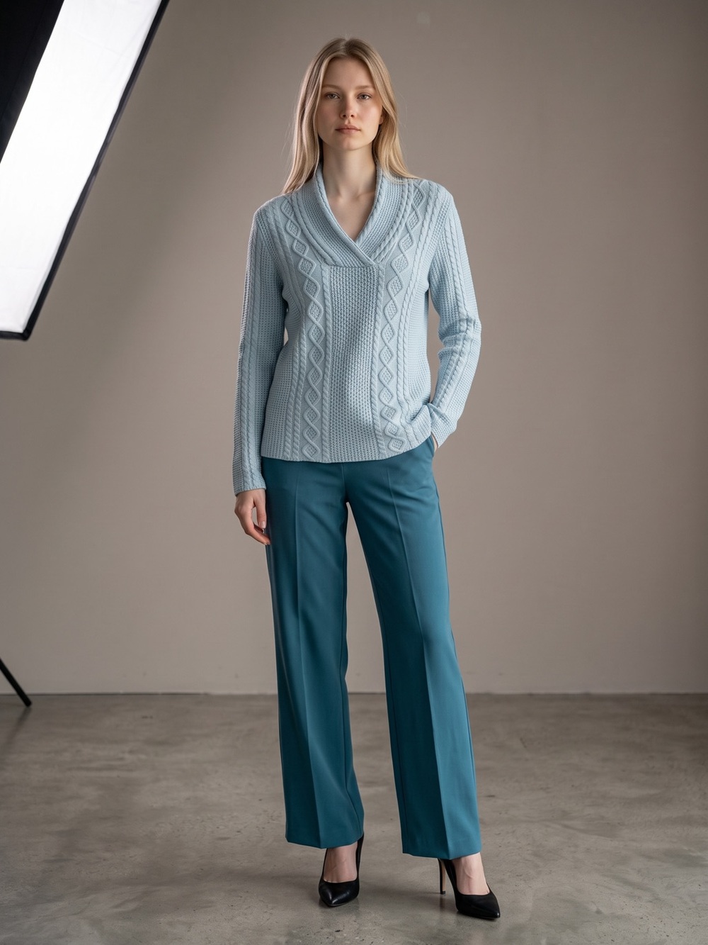 JEANNE PIERRE Light Blue Cable-Knit Shawl V-Neck Sweater